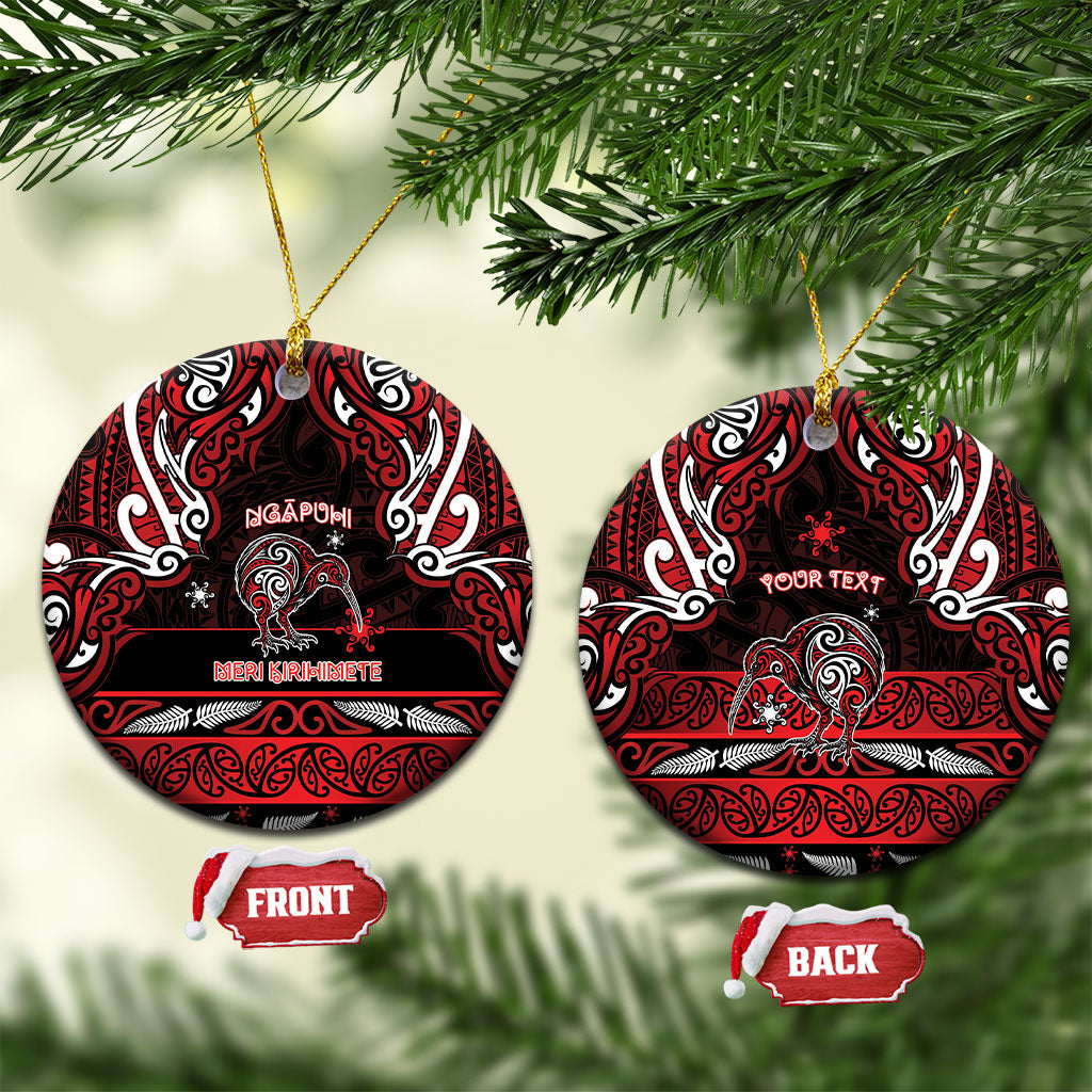 Personalised Ngapuhi Aotearoa Meri Kirihimete Ceramic Ornament Maori Kiwi Bird Silver Fern Koru Pattern DT05 Circle Red - Polynesian Pride