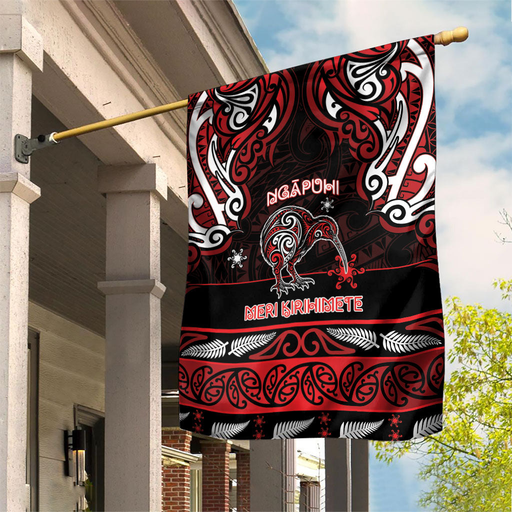 Ngapuhi Aotearoa Meri Kirihimete Garden Flag Maori Kiwi Bird Silver Fern Koru Pattern DT05 House Flag Red - Polynesian Pride