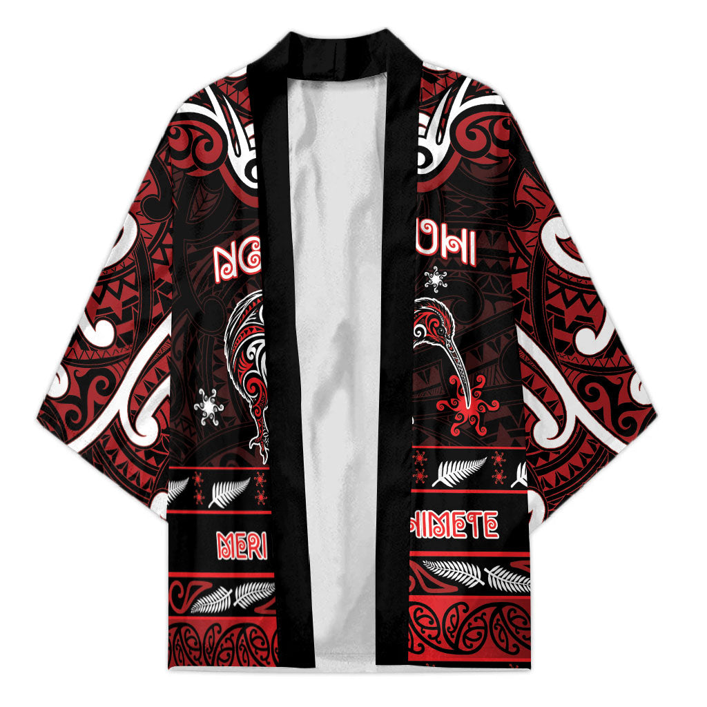 Personalised Ngapuhi Aotearoa Meri Kirihimete Kimono Maori Kiwi Bird Silver Fern Koru Pattern DT05 Unisex Red - Polynesian Pride