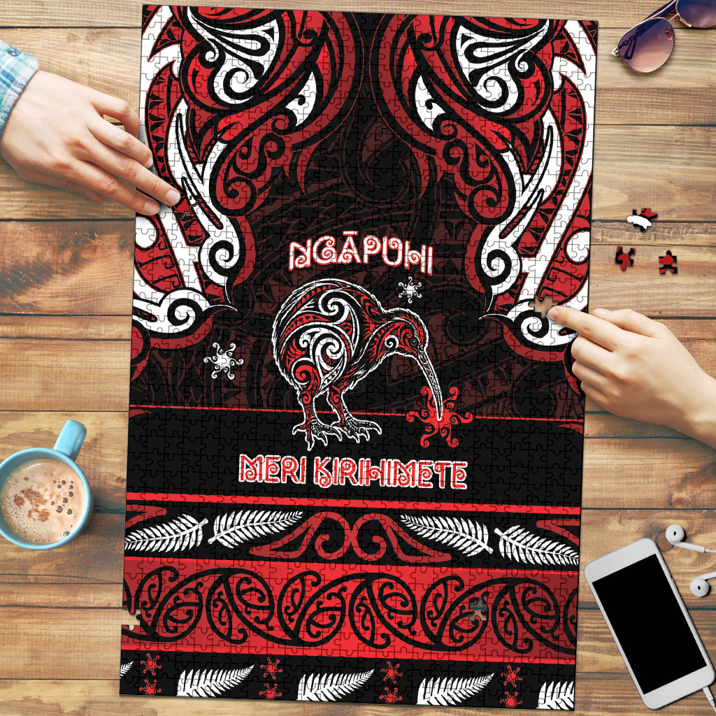 Ngapuhi Aotearoa Meri Kirihimete Puzzle Maori Kiwi Bird Silver Fern Koru Pattern DT05 Red - Polynesian Pride
