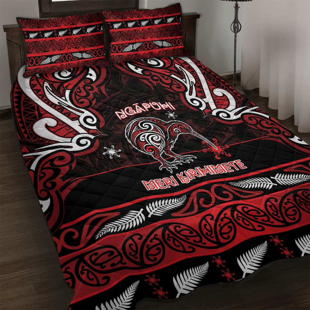 Ngapuhi Aotearoa Meri Kirihimete Quilt Bed Set Maori Kiwi Bird Silver Fern Koru Pattern DT05 Red - Polynesian Pride