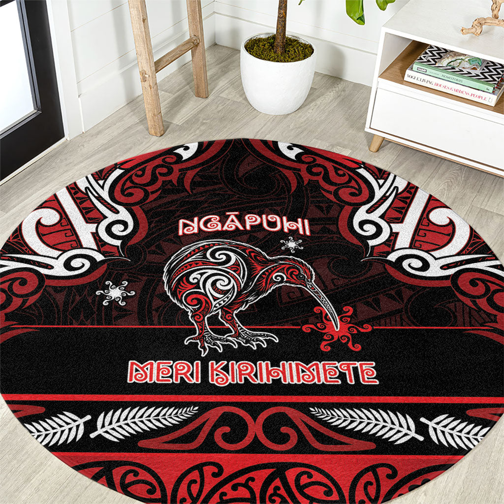 Ngapuhi Aotearoa Meri Kirihimete Round Carpet Maori Kiwi Bird Silver Fern Koru Pattern DT05 Red - Polynesian Pride
