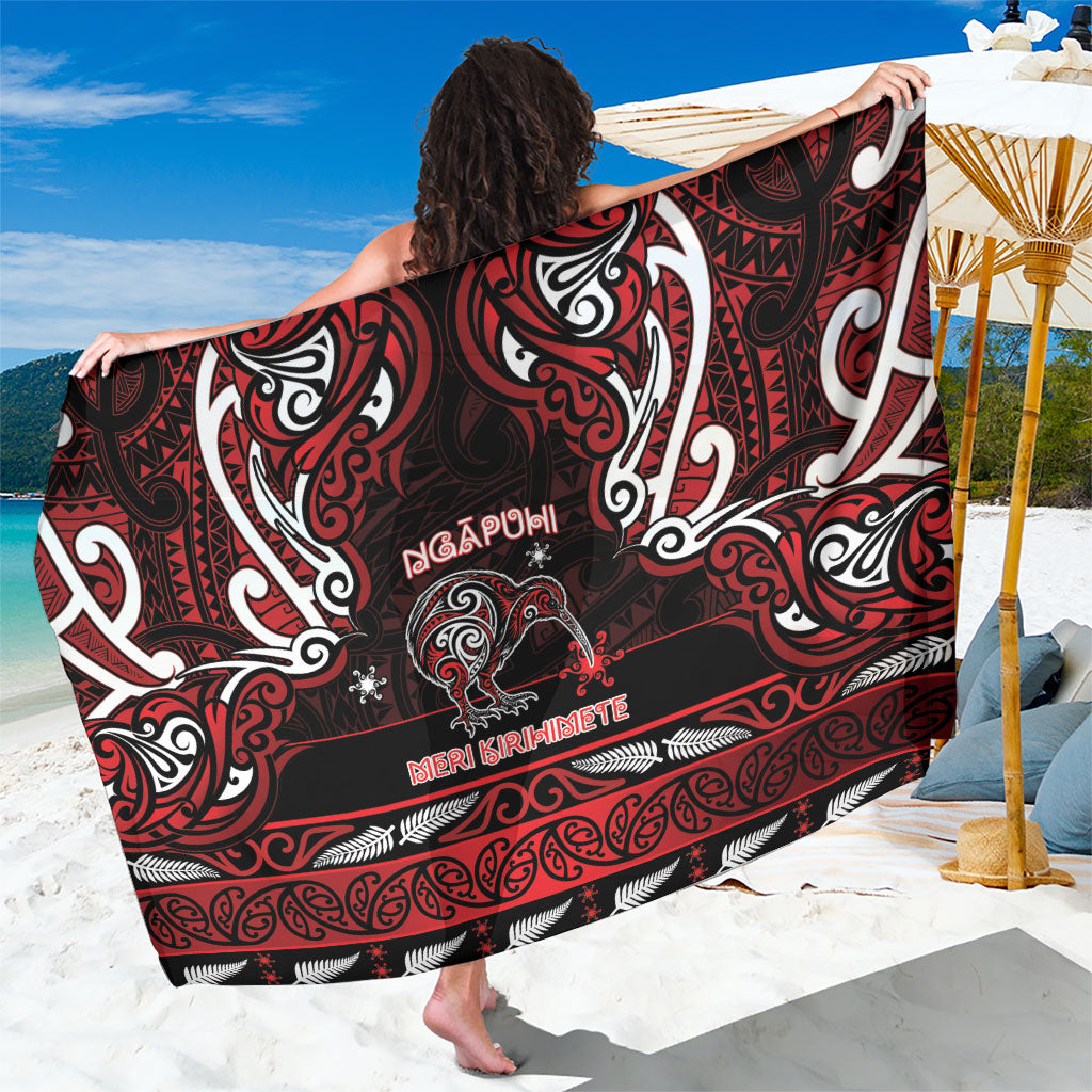 Ngapuhi Aotearoa Meri Kirihimete Sarong Maori Kiwi Bird Silver Fern Koru Pattern DT05 One Size 44 x 66 inches Red - Polynesian Pride