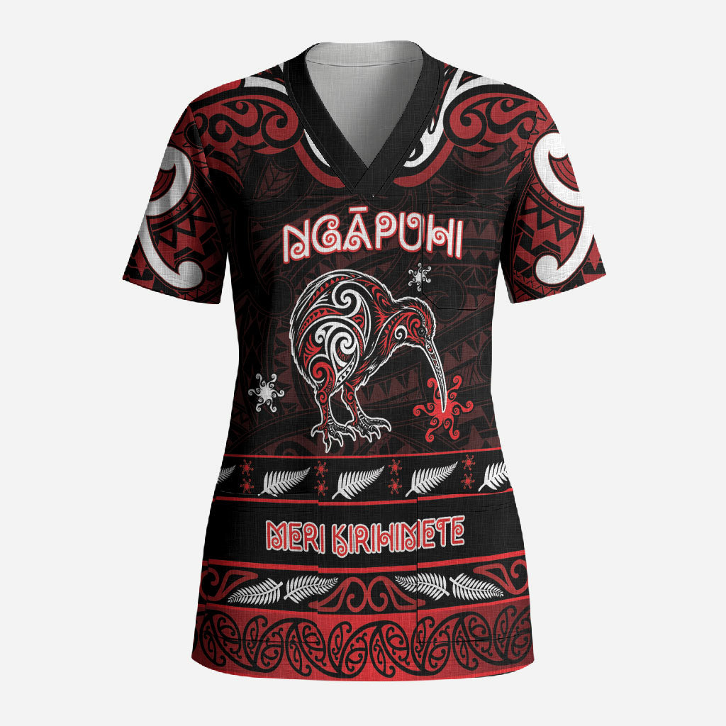 Personalised Ngapuhi Aotearoa Meri Kirihimete Scrub Top Maori Kiwi Bird Silver Fern Koru Pattern DT05 Adult Red - Polynesian Pride