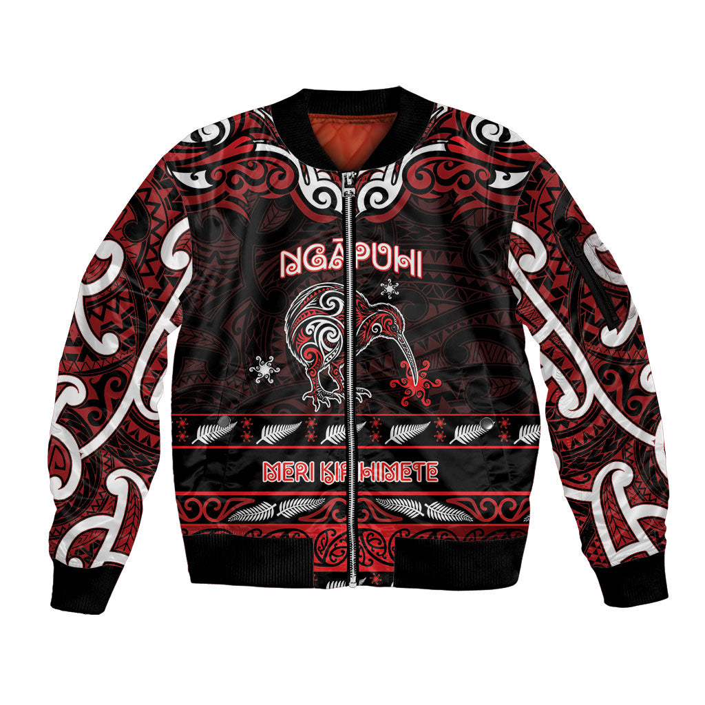 Personalised Ngapuhi Aotearoa Meri Kirihimete Sleeve Zip Bomber Jacket Maori Kiwi Bird Silver Fern Koru Pattern DT05 Unisex Red - Polynesian Pride