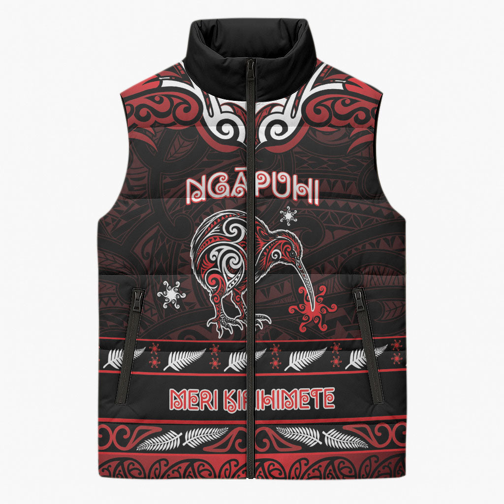 Personalised Ngapuhi Aotearoa Meri Kirihimete Sleeveless Puffer Jacket Maori Kiwi Bird Silver Fern Koru Pattern DT05 Unisex Red - Polynesian Pride