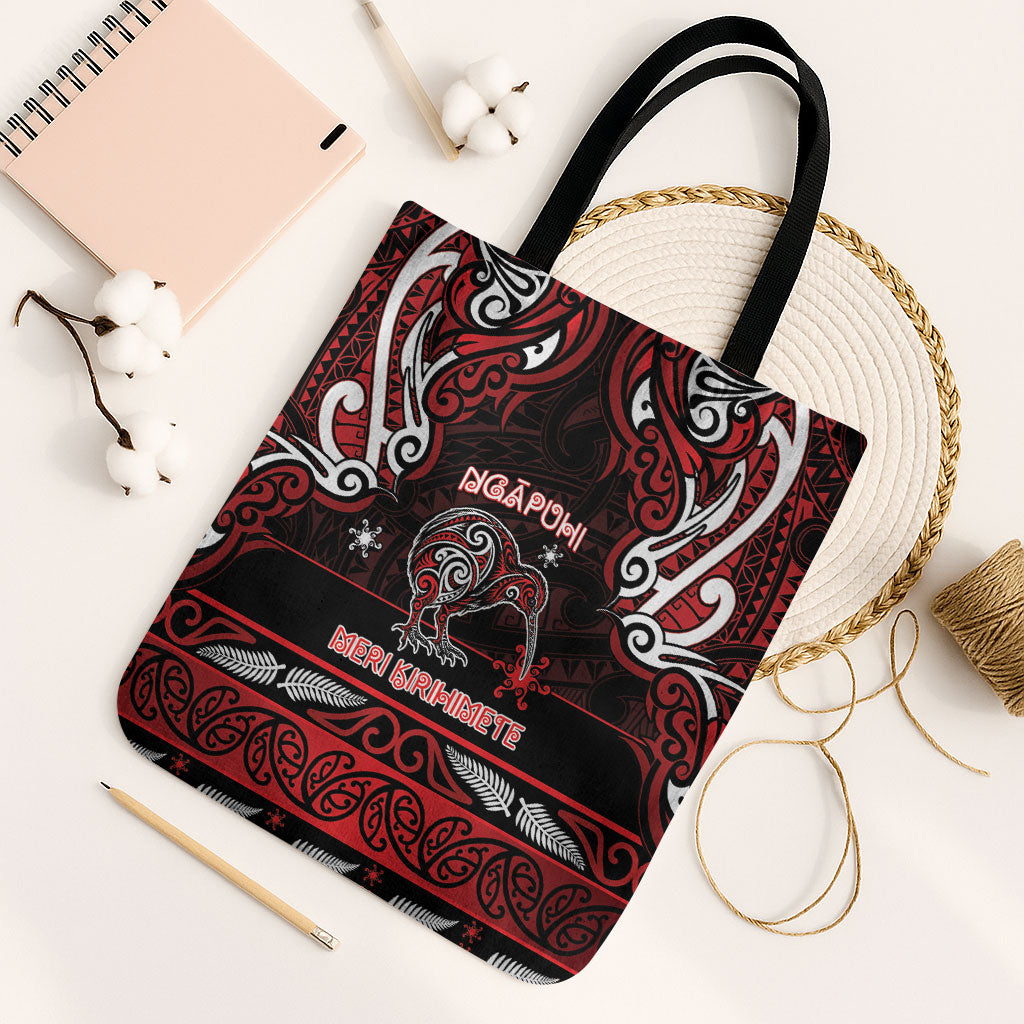 Ngapuhi Aotearoa Meri Kirihimete Tote Bag Maori Kiwi Bird Silver Fern Koru Pattern DT05 Black Strap One Size Red - Polynesian Pride