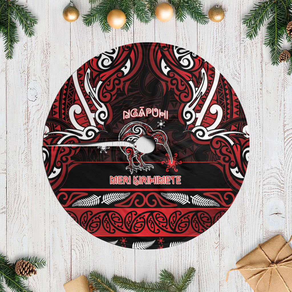 Ngapuhi Aotearoa Meri Kirihimete Tree Skirt Maori Kiwi Bird Silver Fern Koru Pattern DT05 Casual Red - Polynesian Pride
