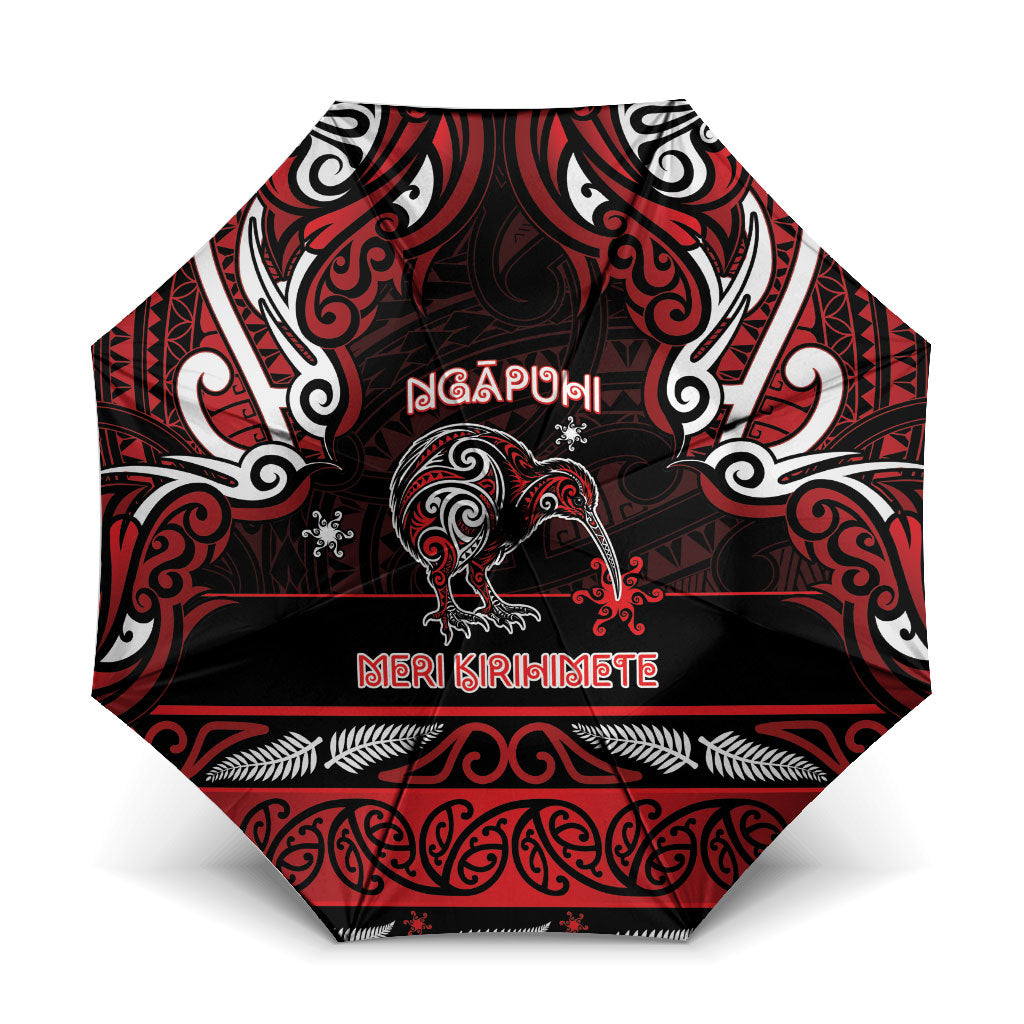 Ngapuhi Aotearoa Meri Kirihimete Umbrella Maori Kiwi Bird Silver Fern Koru Pattern DT05 One Size Folded 11.42 inch Opened Diameter 37.4 inch Red - Polynesian Pride