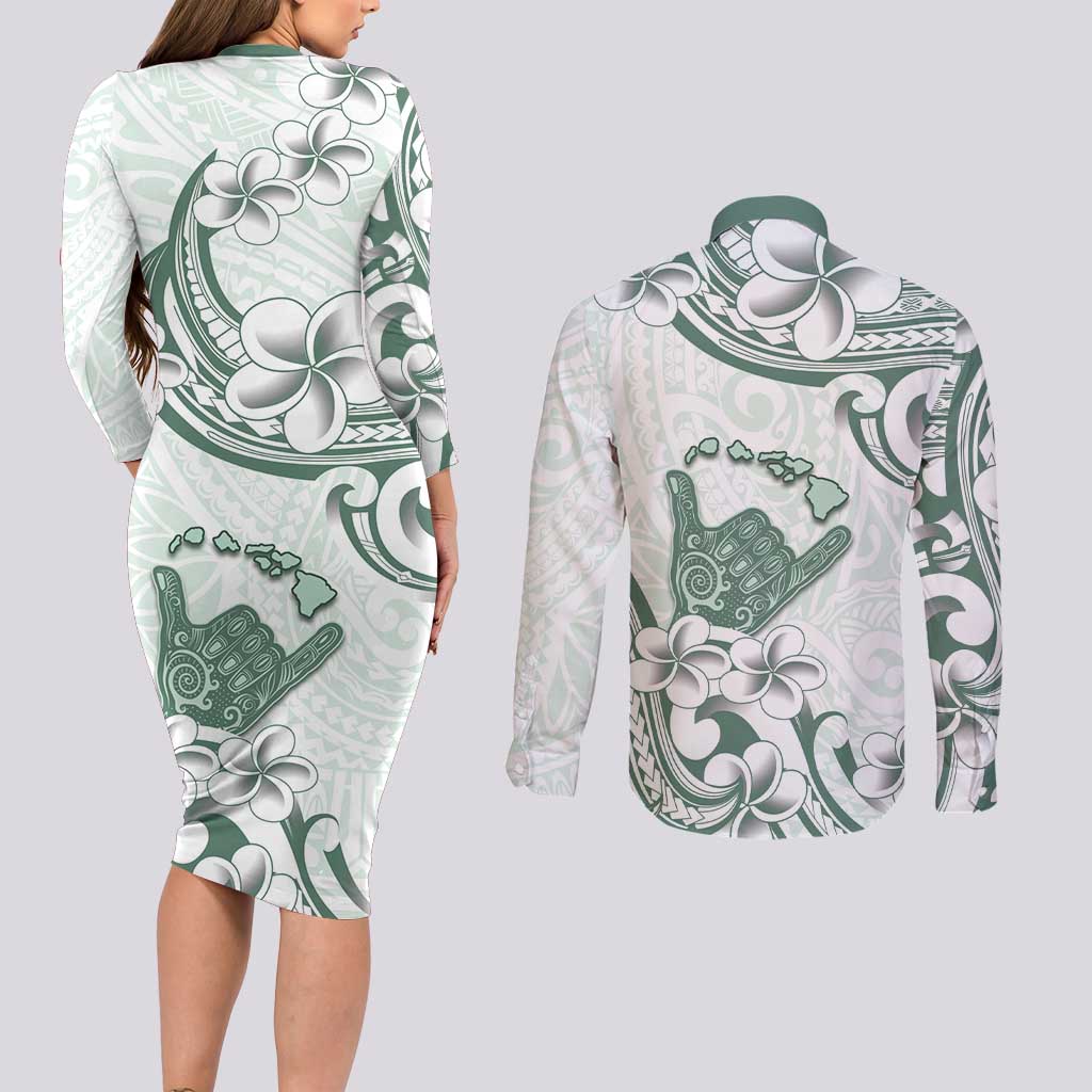 Aloha Hawaii Shaka Couples Matching Long Sleeve Bodycon Dress and Long Sleeve Button Shirt Hang Loose Mint Version - Polynesian Pride
