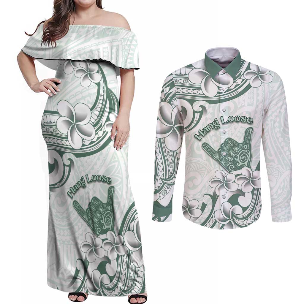 Aloha Hawaii Shaka Couples Matching Off Shoulder Maxi Dress and Long Sleeve Button Shirt Hang Loose Mint Version - Polynesian Pride