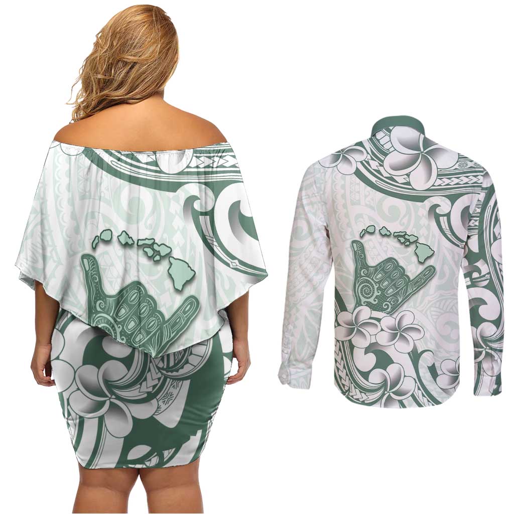 Aloha Hawaii Shaka Couples Matching Off Shoulder Short Dress and Long Sleeve Button Shirt Hang Loose Mint Version - Polynesian Pride