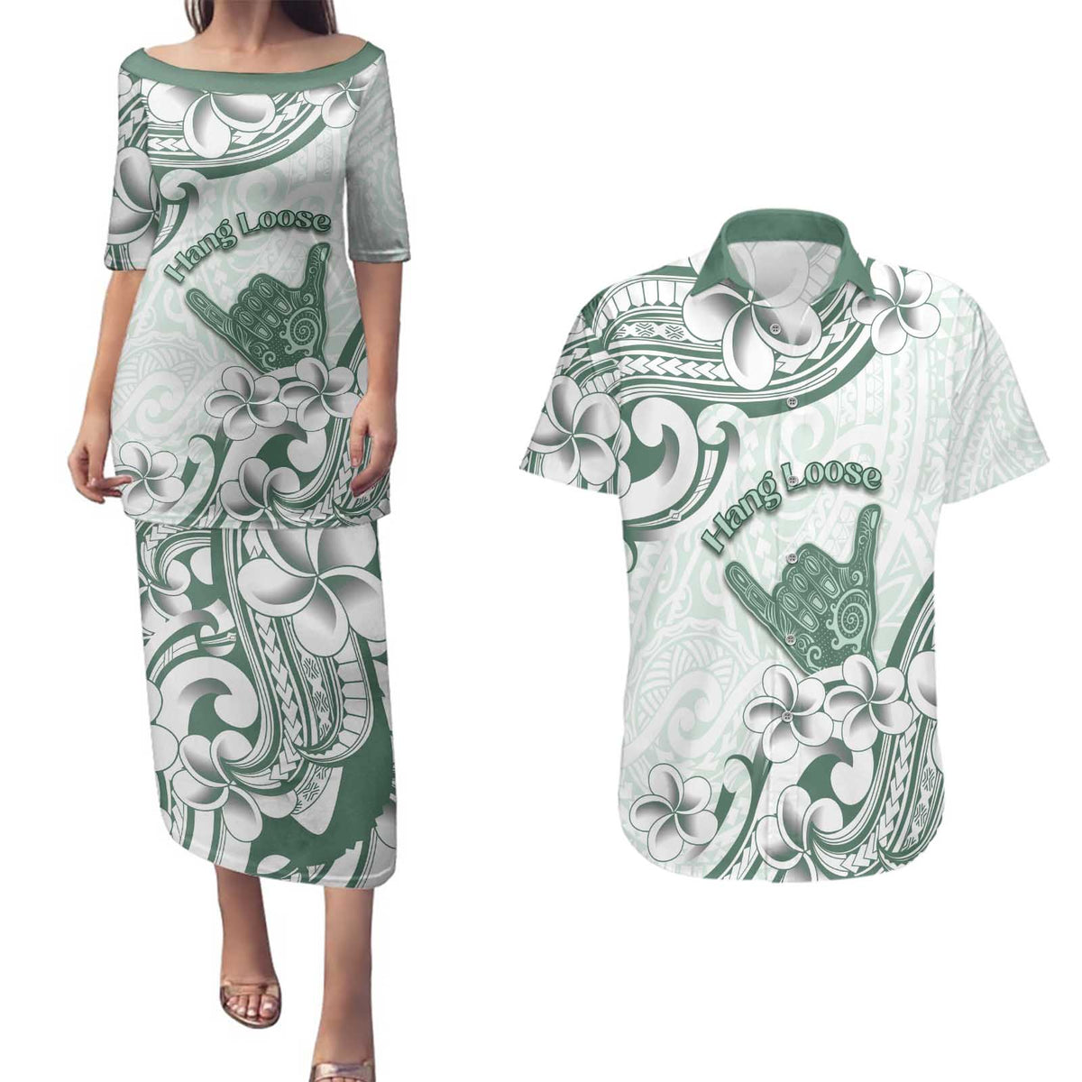 Aloha Hawaii Shaka Couples Matching Puletasi and Hawaiian Shirt Hang Loose Mint Version DT05 Mint - Polynesian Pride