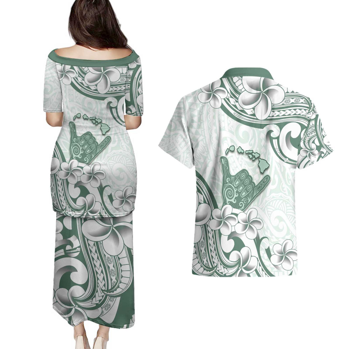 Aloha Hawaii Shaka Couples Matching Puletasi and Hawaiian Shirt Hang Loose Mint Version DT05 - Polynesian Pride