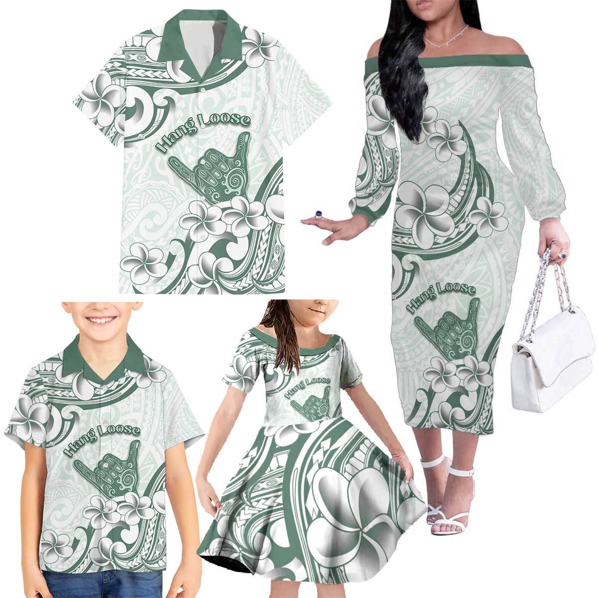 Aloha Hawaii Shaka Family Matching Off The Shoulder Long Sleeve Dress and Hawaiian Shirt Hang Loose Mint Version - Polynesian Pride
