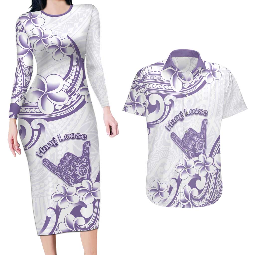 Aloha Hawaii Shaka Couples Matching Long Sleeve Bodycon Dress and Hawaiian Shirt Hang Loose Purple Version - Polynesian Pride