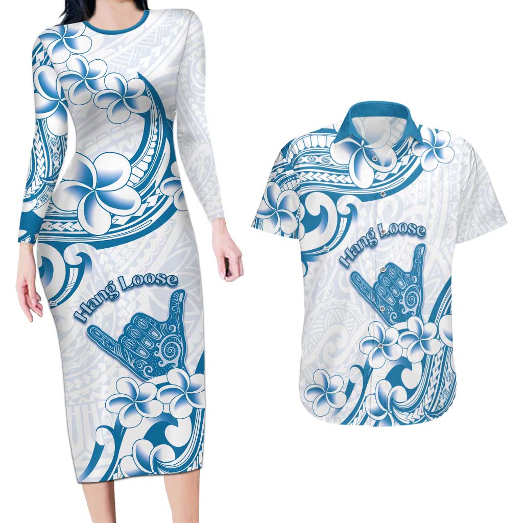 Aloha Hawaii Shaka Couples Matching Long Sleeve Bodycon Dress and Hawaiian Shirt Hang Loose Blue Version - Polynesian Pride