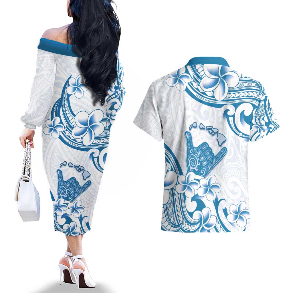 Aloha Hawaii Shaka Couples Matching Off The Shoulder Long Sleeve Dress and Hawaiian Shirt Hang Loose Blue Version - Polynesian Pride