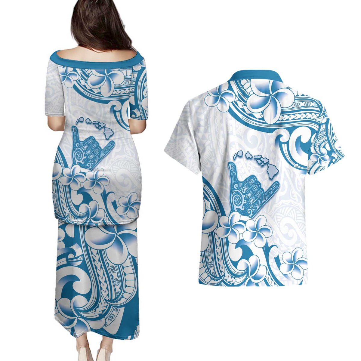 Aloha Hawaii Shaka Couples Matching Puletasi and Hawaiian Shirt Hang Loose Blue Version DT05 - Polynesian Pride