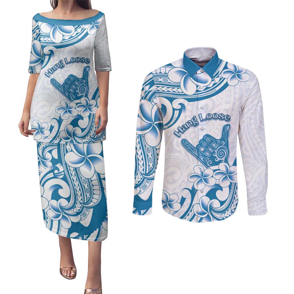 Aloha Hawaii Shaka Couples Matching Puletasi and Long Sleeve Button Shirt Hang Loose Blue Version - Polynesian Pride