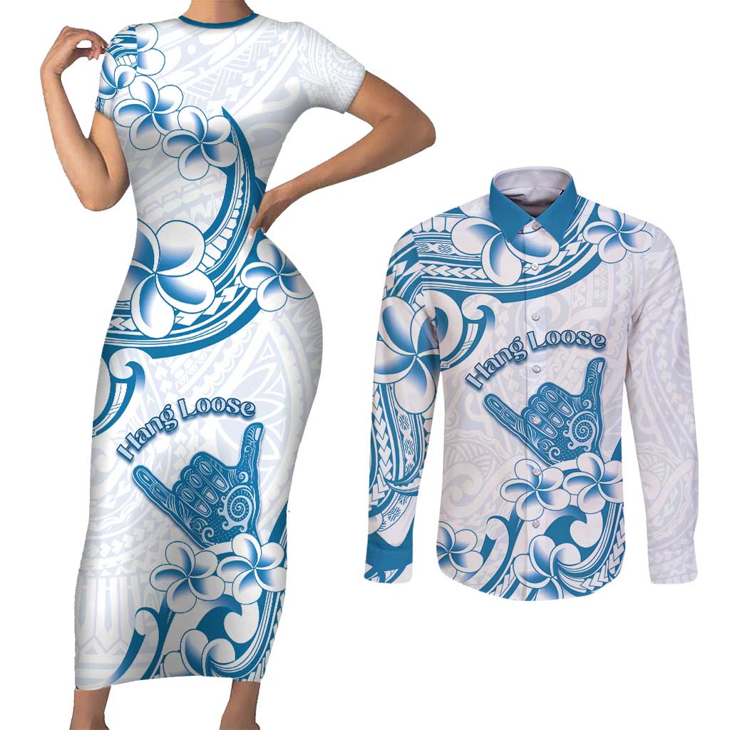 Aloha Hawaii Shaka Couples Matching Short Sleeve Bodycon Dress and Long Sleeve Button Shirt Hang Loose Blue Version - Polynesian Pride