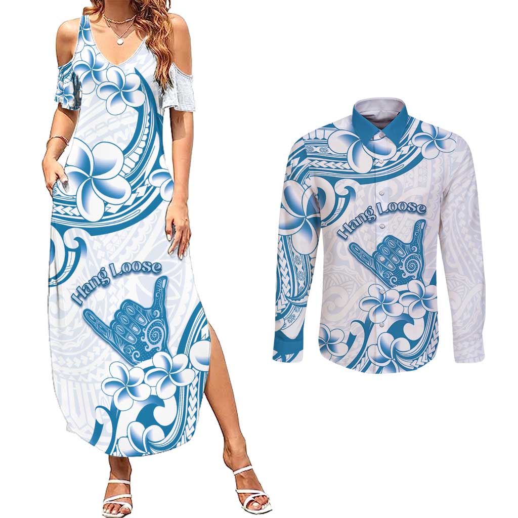 Aloha Hawaii Shaka Couples Matching Summer Maxi Dress and Long Sleeve Button Shirt Hang Loose Blue Version - Polynesian Pride