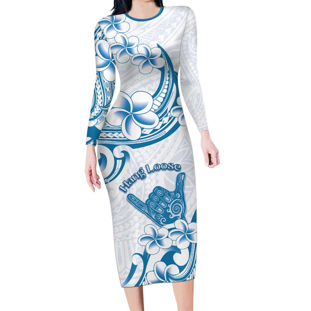 Aloha Hawaii Shaka Family Matching Long Sleeve Bodycon Dress and Hawaiian Shirt Hang Loose Blue Version - Polynesian Pride