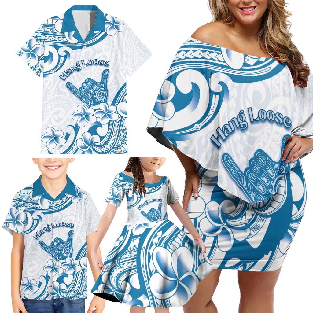 Aloha Hawaii Shaka Family Matching Off Shoulder Short Dress and Hawaiian Shirt Hang Loose Blue Version - Polynesian Pride