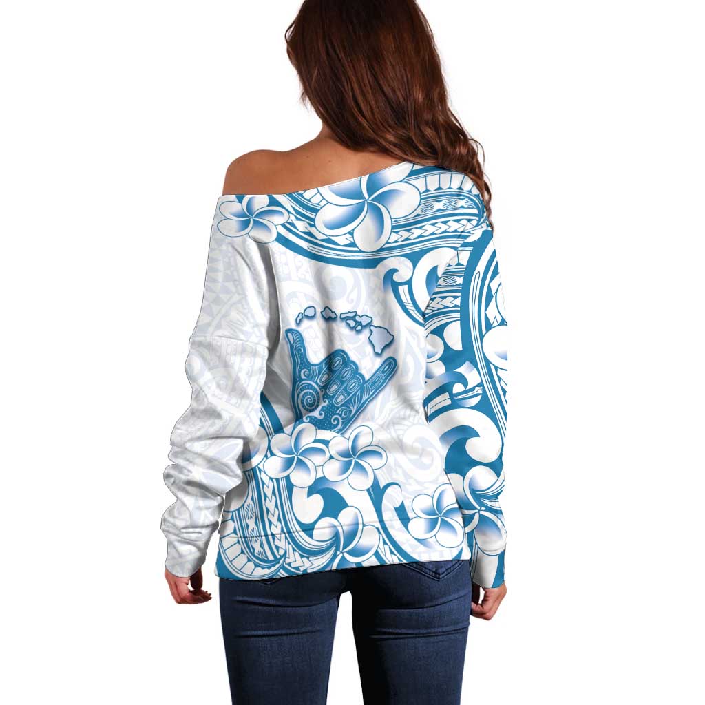 Aloha Hawaii Shaka Off Shoulder Sweater Hang Loose Blue Version - Polynesian Pride