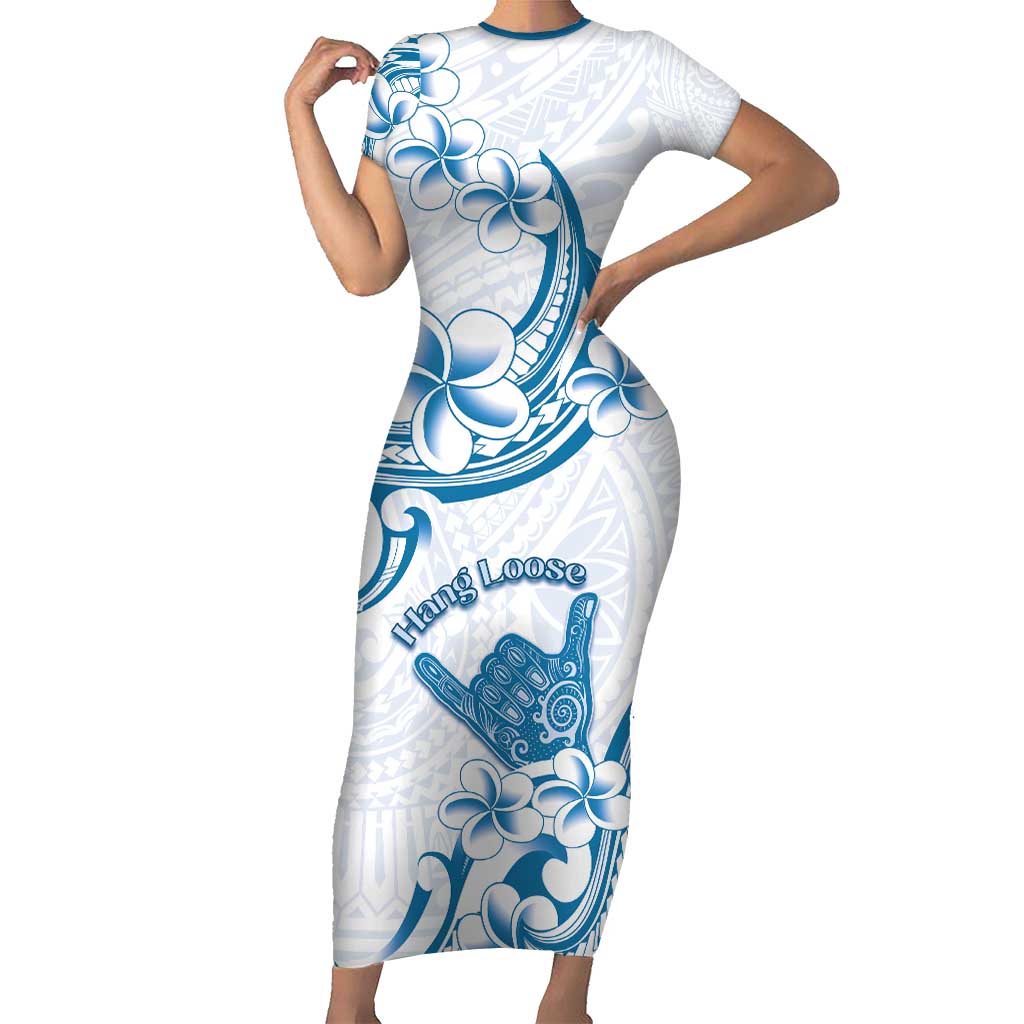 Aloha Hawaii Shaka Short Sleeve Bodycon Dress Hang Loose Blue Version - Polynesian Pride