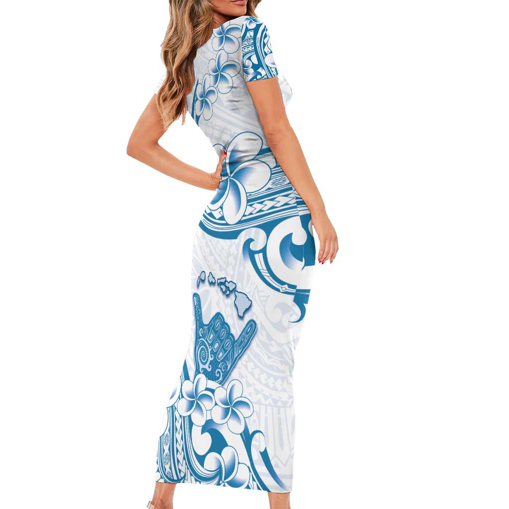Aloha Hawaii Shaka Short Sleeve Bodycon Dress Hang Loose Blue Version - Polynesian Pride