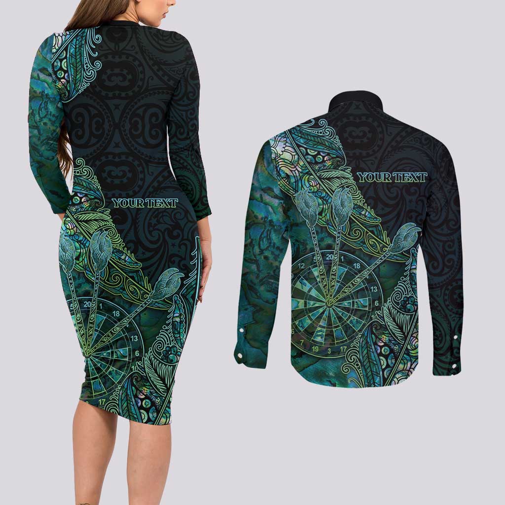 Personalised New Zealand Dart Couples Matching Long Sleeve Bodycon Dress and Long Sleeve Button Shirt Maori Fern With Paua Shell - Polynesian Pride
