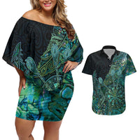 Personalised New Zealand Dart Couples Matching Off Shoulder Short Dress and Hawaiian Shirt Maori Fern With Paua Shell - Polynesian Pride
