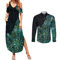 Personalised New Zealand Dart Couples Matching Summer Maxi Dress and Long Sleeve Button Shirt Maori Fern With Paua Shell - Polynesian Pride