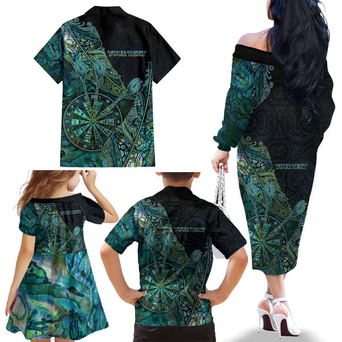 Personalised New Zealand Dart Family Matching Off The Shoulder Long Sleeve Dress and Hawaiian Shirt Maori Fern With Paua Shell - Polynesian Pride