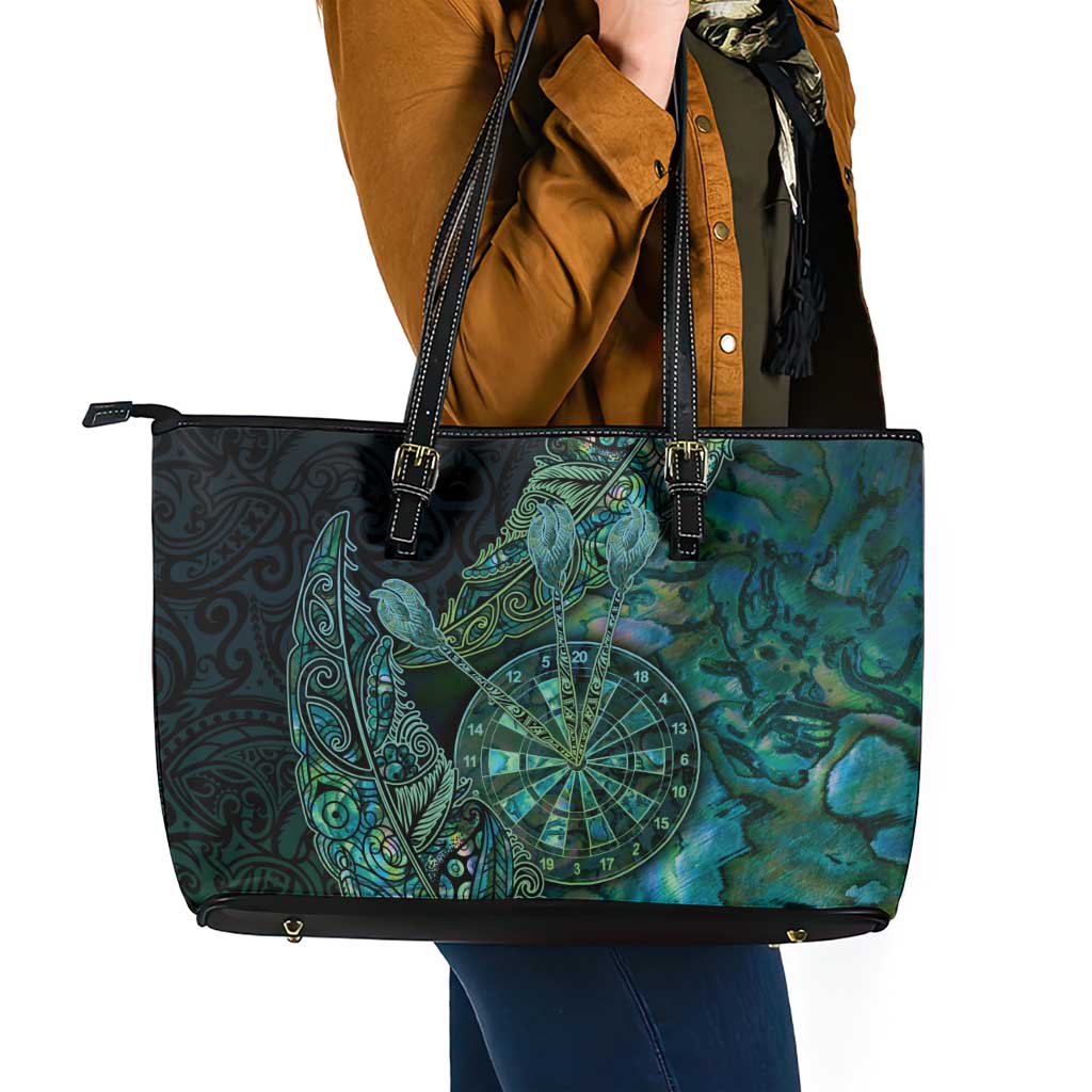 New Zealand Dart Leather Tote Bag Maori Fern With Paua Shell - Polynesian Pride