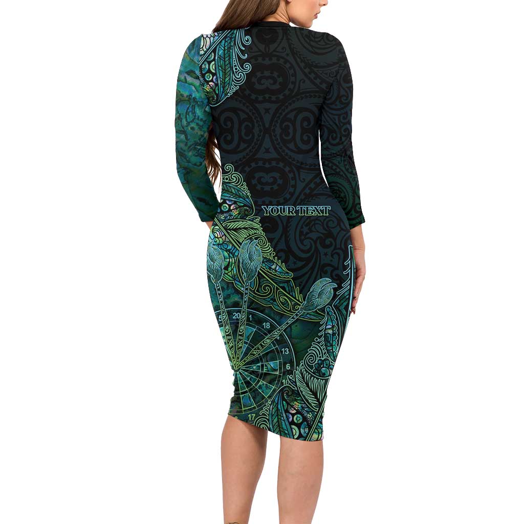 Personalised New Zealand Dart Long Sleeve Bodycon Dress Maori Fern With Paua Shell - Polynesian Pride