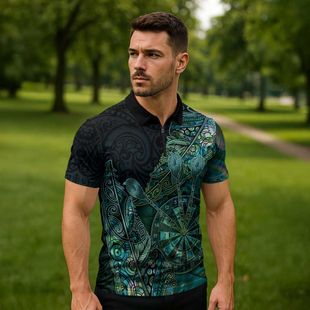 Personalised New Zealand Dart Zipper Polo Shirt Maori Fern With Paua Shell - Polynesian Pride
