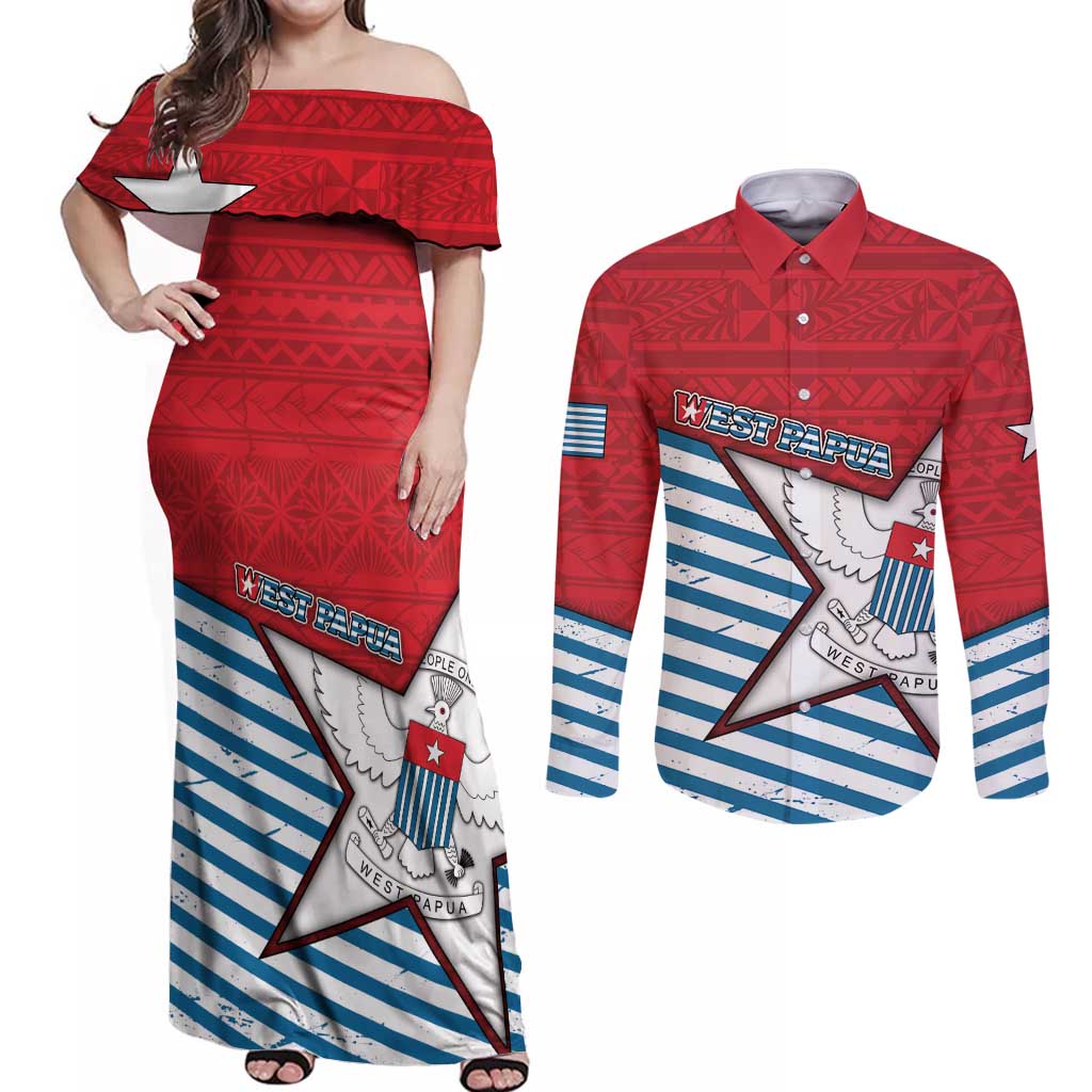 West Papua Morning Star Couples Matching Off Shoulder Maxi Dress and Long Sleeve Button Shirt One People One Soul DT05 Red - Polynesian Pride