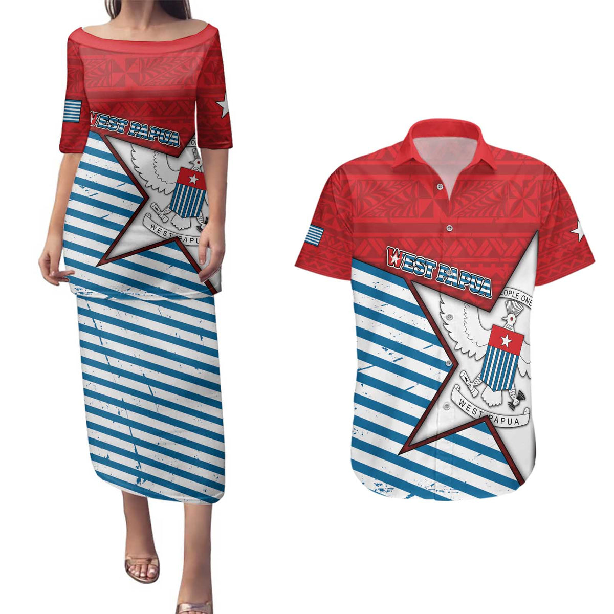 West Papua Morning Star Couples Matching Puletasi and Hawaiian Shirt One People One Soul DT05 Red - Polynesian Pride
