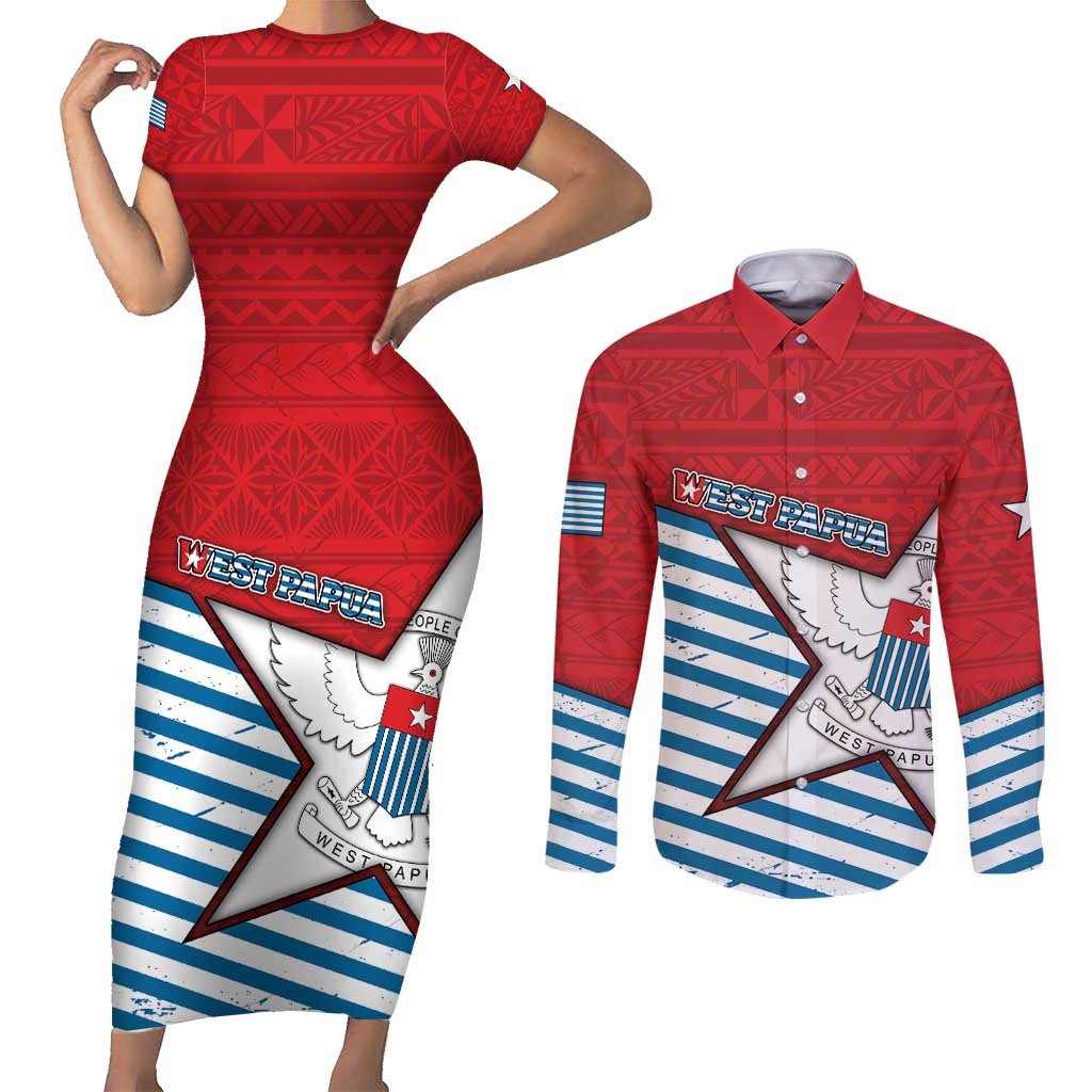 West Papua Morning Star Couples Matching Short Sleeve Bodycon Dress and Long Sleeve Button Shirt One People One Soul DT05 Red - Polynesian Pride