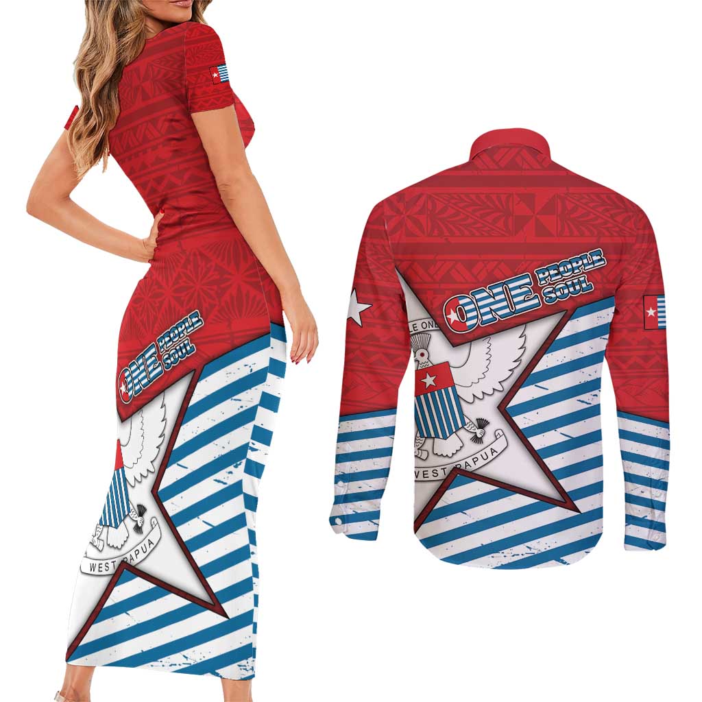 West Papua Morning Star Couples Matching Short Sleeve Bodycon Dress and Long Sleeve Button Shirt One People One Soul - Polynesian Pride