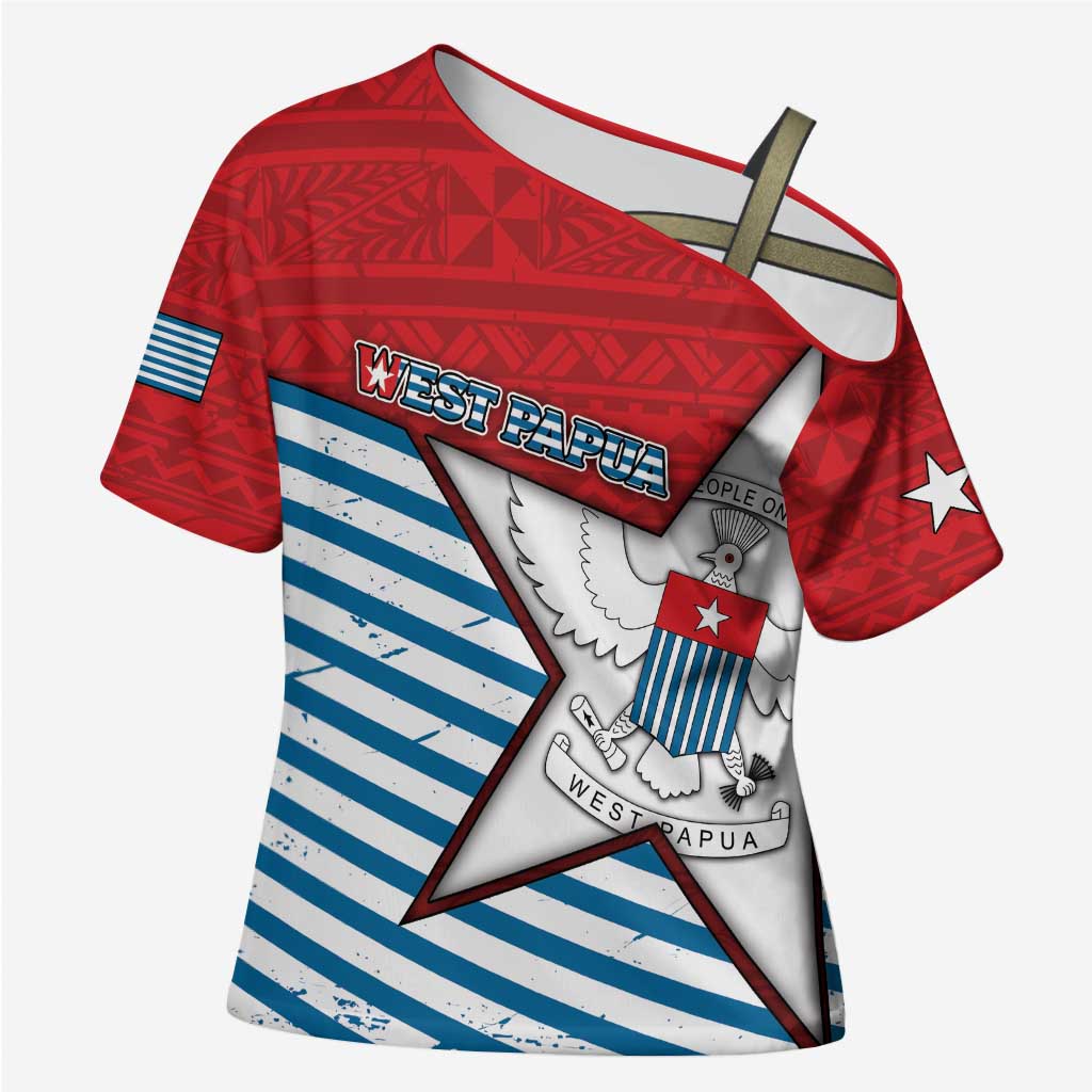 West Papua Morning Star Cross Shoulder Shirt One People One Soul DT05 Female Red - Polynesian Pride