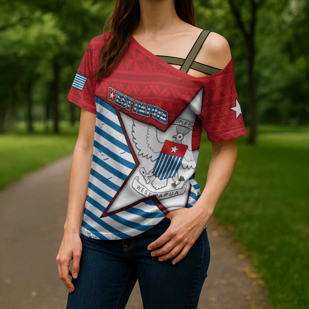 West Papua Morning Star Cross Shoulder Shirt One People One Soul DT05 - Polynesian Pride
