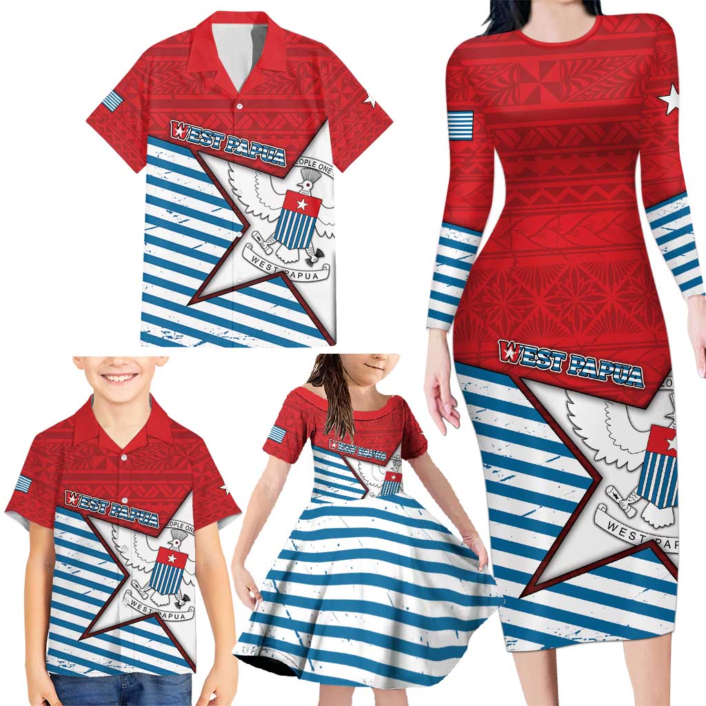 West Papua Morning Star Family Matching Long Sleeve Bodycon Dress and Hawaiian Shirt One People One Soul - Polynesian Pride