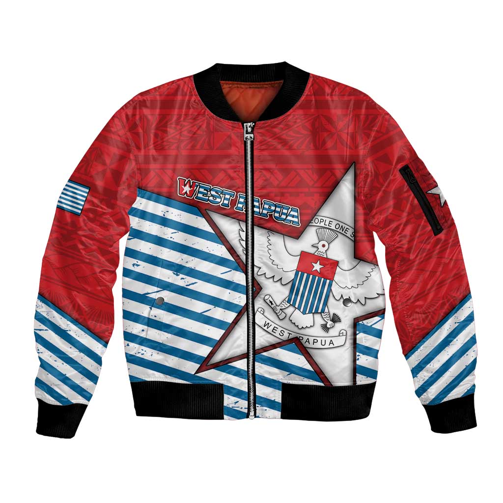 West Papua Morning Star Sleeve Zip Bomber Jacket One People One Soul - Polynesian Pride