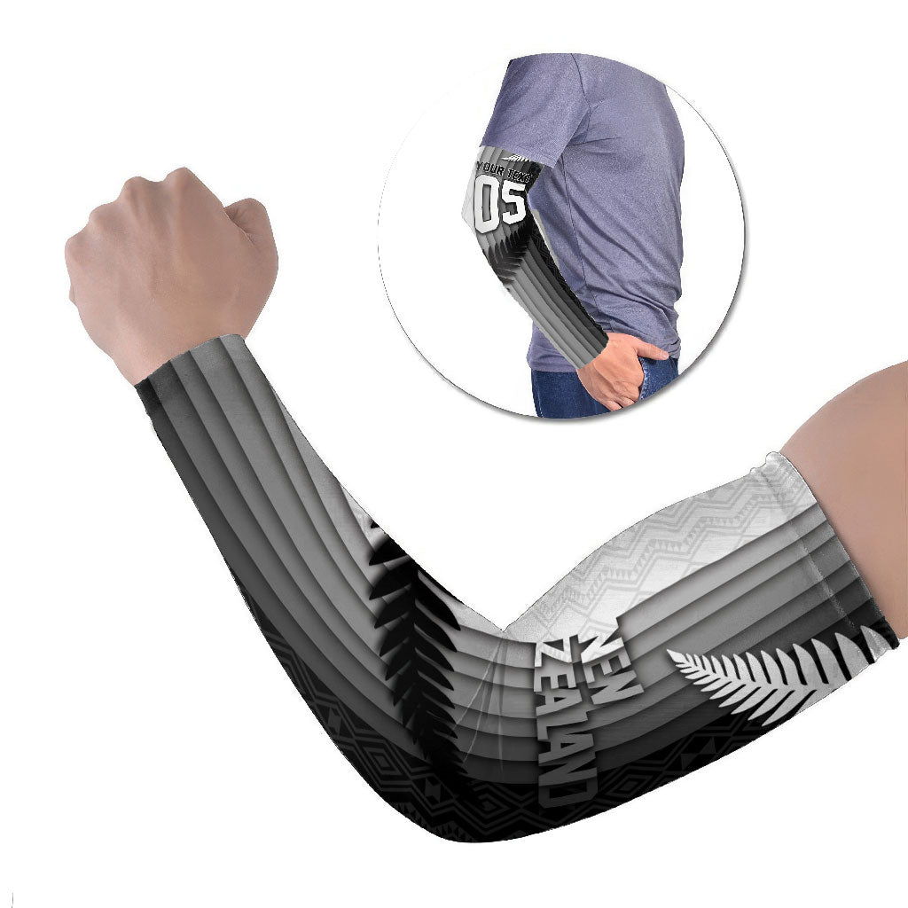 Custom New Zealand Football Arm Sleeves Silver Fern Maori Pattern Monochrome DT05 Set of 2 White - Polynesian Pride