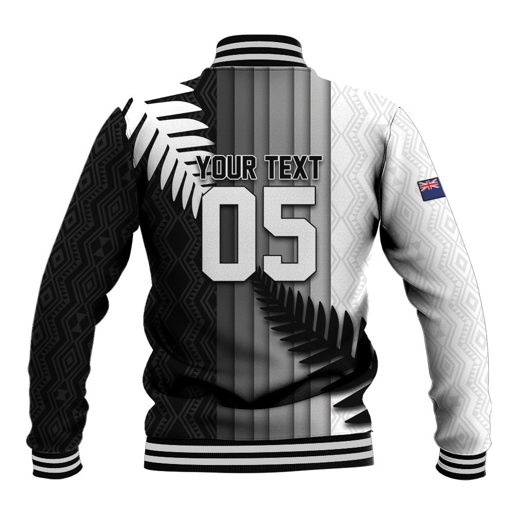 Custom New Zealand Football Baseball Jacket Silver Fern Maori Pattern Monochrome DT05 - Polynesian Pride