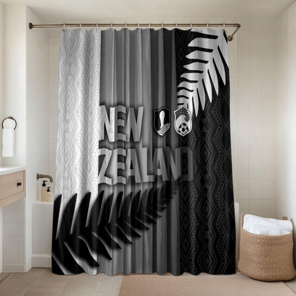New Zealand Football Bathroom Set Silver Fern Maori Pattern Monochrome DT05 Shower Curtain Only White - Polynesian Pride