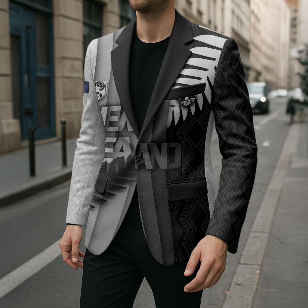 Custom New Zealand Football Blazer Silver Fern Maori Pattern Monochrome DT05 - Polynesian Pride